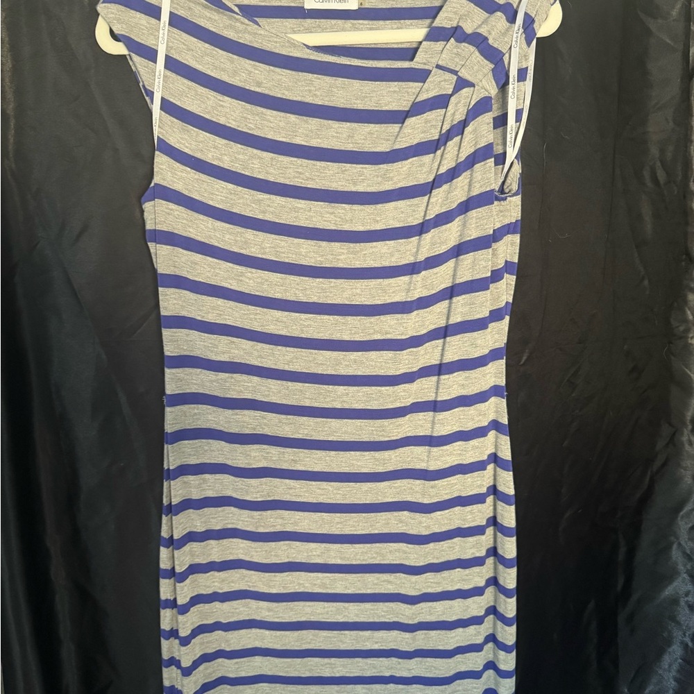 Calvin Klein Striped Blue and Gray Asymmetrical Dress
